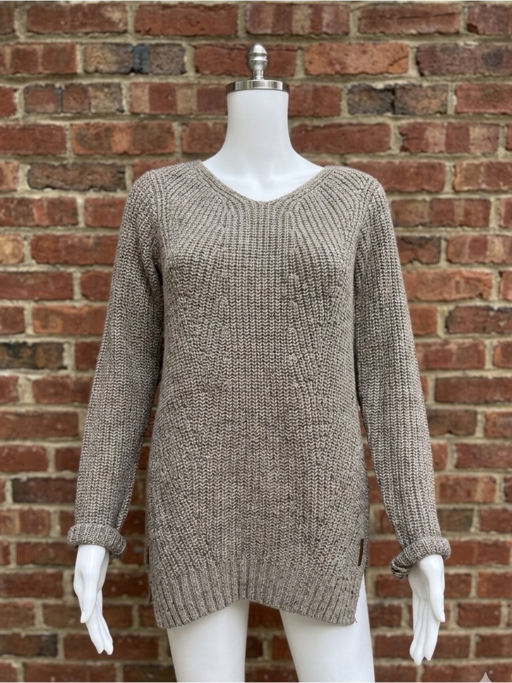 Roots Acrylic Wool Knit V-Neck Side Split Longline Brown Tunic Sweater Size S